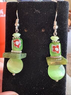 Hand Crafted Green Floral Glass & Lime Bead Drop Earrings